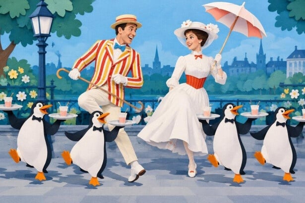 Which animated animals serve Bert and Mary during “Jolly Holiday”?